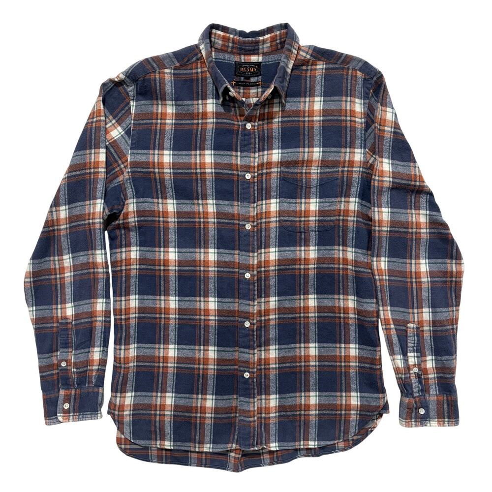 Beams Plus Flannel Shirt XL Long Sleeve Mens Blue Orange Plaid Made Japan
